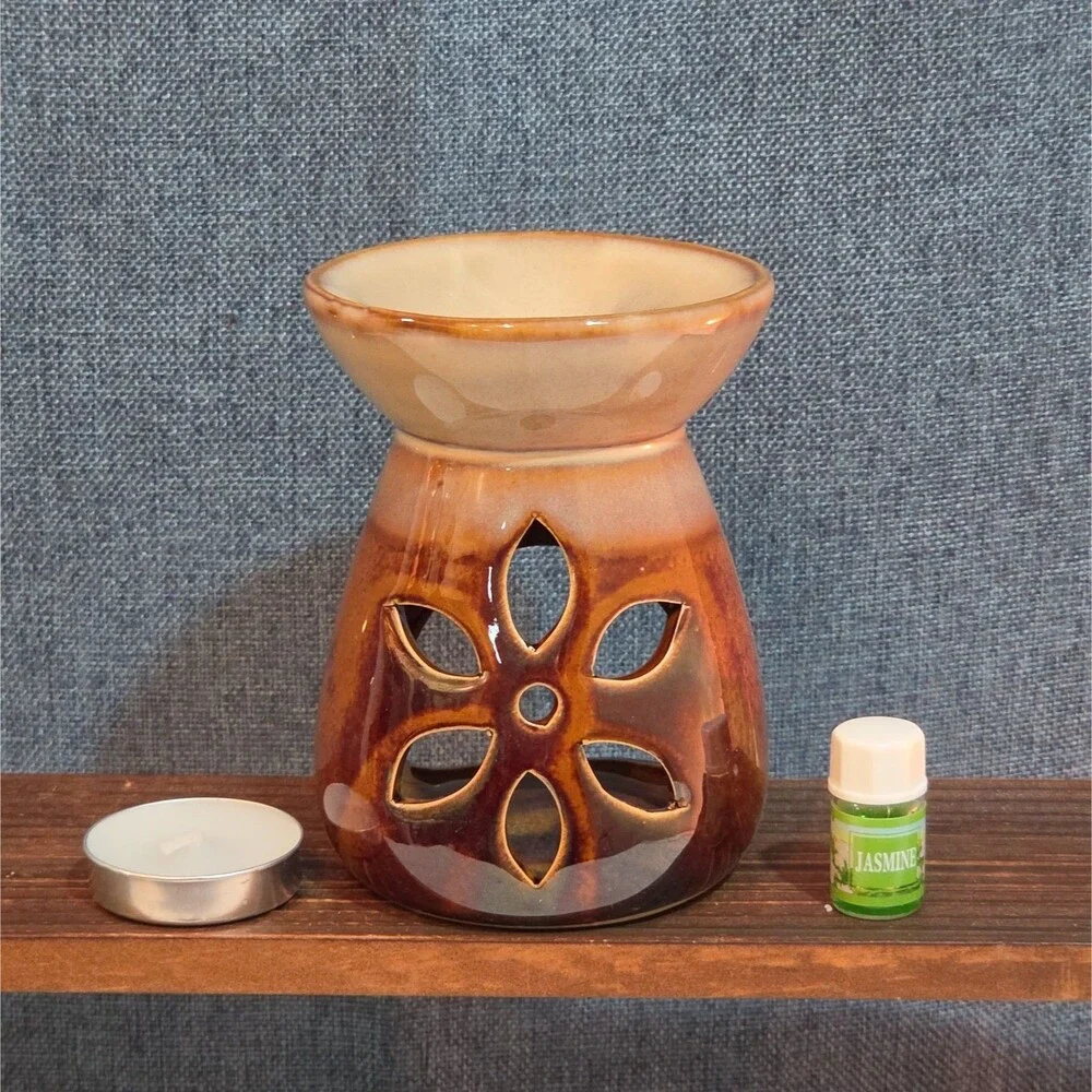Floral Brown Porcelain Tea Light Oil Diffuser & Wax Warmer W/ Candle & Jasmine